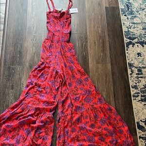 Jessica Simpson Vibrant Red and Purple Floral Jumpsuit